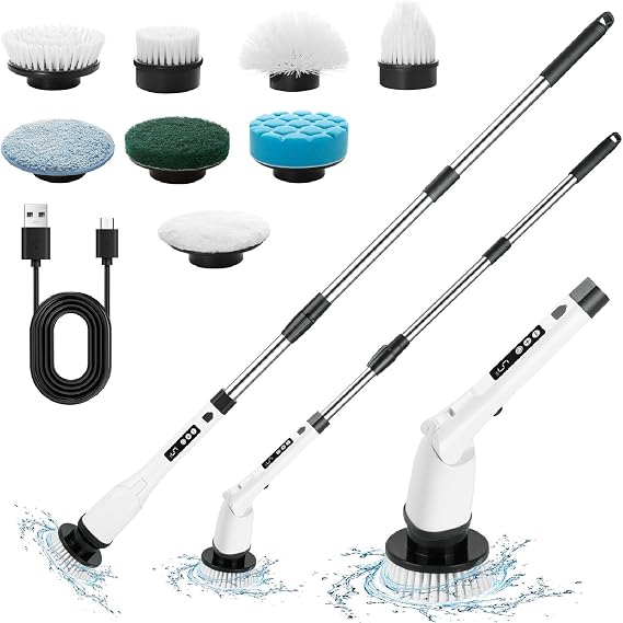 APLUSH Electric Spin Scrubber,Cordless Cleaning Brush with 8 Replaceable Brush Heads,Power Scrubber 3 Adjustable Speeds,Adjustable Extension Handle Waterproof Bathroom Scrubber
