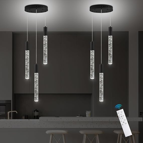 Modern Crystal Chandelier 3-Lights Black, Dimmable LED Raindrop Kitchen Island Pendant Lighting, Bubble Foyer Dining Room Hanging Light Fixture Remote Control