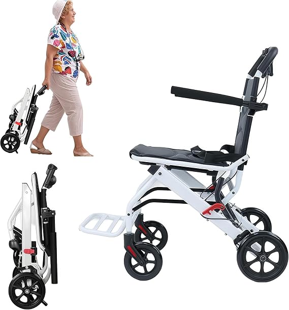 Lightweight Folding Wheelchair for Adults & Seniors, 18lbs Ultra Light Portable Transport Chair with Brake & Safety Strap, Carbon Steel Frame, Easy Push PU Wheels for Travel (White)