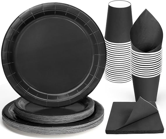 96PC Black Paper Plates Party Cups Napkins Party Tableware