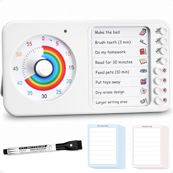2-in-1 Visual Timer ADHD with Task Board, to-Do List, Checklist | Dry Erase Chore Chart and Visual Schedule for Kids ADHD, Rainbow Countdown Timer for Classroom, Home, Homeschool (White)