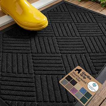 GORILLA GRIP 100% Waterproof All-Season WeatherMAX Doormat US Designed Natural Rubber, Stain and Fade Resistant, Low Profile Indoor Outdoor Door Mats, Easy Clean Patio Mat, 29x17, Black Diamond