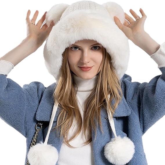 Winter Knitted Beanie with Pompom for Women Fluffy Fur Hat Fuzzy Skull Cap Warm Ear Flaps Ski Snow Hat Cute