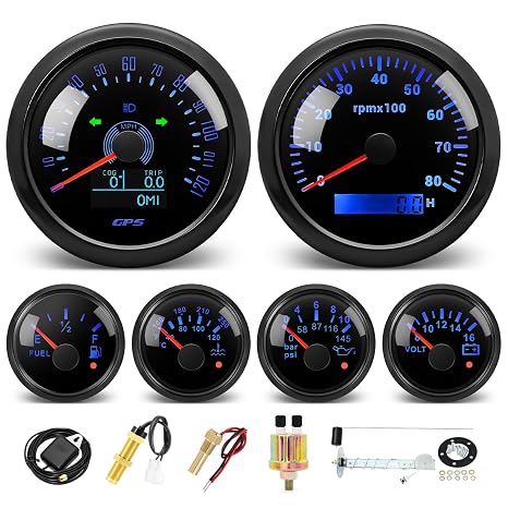 MH 6 Boat Gauge Set - 3-3/8" GPS Speedometer, Tachometer, 2-1/16" Oil Pressure Gauge, Fuel Level, Water Temperature, Voltmeter AUTO Marine Meter Kit with Sensor Alarm 7 Color (Black)