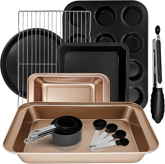 15pcs Nonstick Bakeware Set with Cooling Rack & Accessories, Baking Pan Set Includes Muffin Pan, Cake Pans, Loaf Pan, Baking Sheet, Measuring Cups & Tongs Oven Safe Metal Bakeware for Home Baking