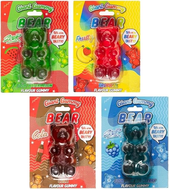 Giant Bear Flavoured Gummy Jelly Candy, Soft & Chewy Treats, Pack of 2 or 4, Cola, Raspberry, Tropical, Watermelon Flavours (Pack of 4 Gummy, All Flavours)