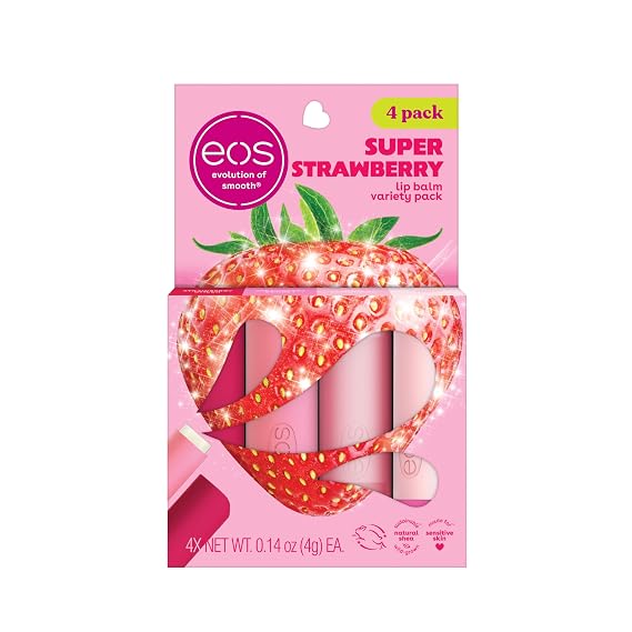 eos Lip Balm Gift Set- Super Strawberry, Limited-Edition, Moisturizing Lip Care with Shea Butter for All-Day Moisture, Variety Pack, 0.14 oz, 4-Pack