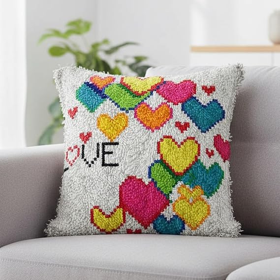 Xqzbmt Love Heart Cushion Latch Hook Cushion Kits for Adults Beginners, Pre-Printed Canvas DIY Embroidery Cushion Cover, 17x17in Rug Making Kit Home Sofa Valentine’s Festive Decor & Gift