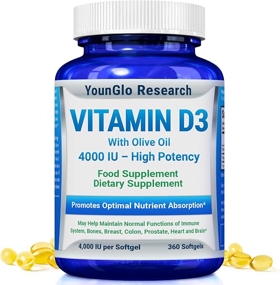 Vitamin D3 4000 IU Dietary Supplement - 360 Softgels - Bone & Immune Health | YounGlo Research GMP-certified, easy-to-swallow Vitamin D3 w/ olive oil promotes calcium absorption, bone strength & immunity