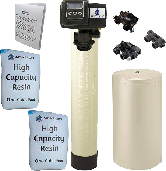 Fleck 64k 1 Inch Whole House Water Softener System 5600sxt Digital Meter Grain-Includes Bypass Valve & brine Tank with Safety Float, Almond High Capacity Resin