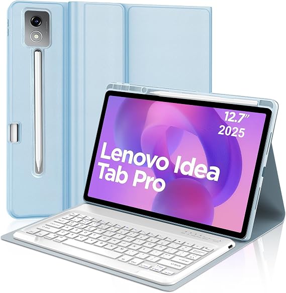 Keyboard Case for Lenovo Idea Tab Pro 12.7", UK Layout Magnetically Detachable Wireless Bluetooth Keyboard with Protective Cover and Pencil Holder for Lenovo Idea Tab Pro 12.7 Inch 2025, Sky Blue