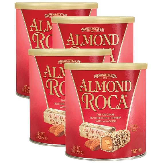 Almond Roca Pack of 4 Canisters - 10oz Individually Wrapped Chocolate Candy - Classic Buttercrunch Toffee with Almonds - Gluten Free, Kosher, Chocolate