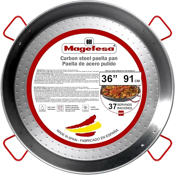 Magefesa 36" Carbon Steel Paella Pan 91 cm - 37 Servings, Durable & Lightweight with Dimpled Surface, Ideal for Outdoor Cooking & Traditional Valencian Paella