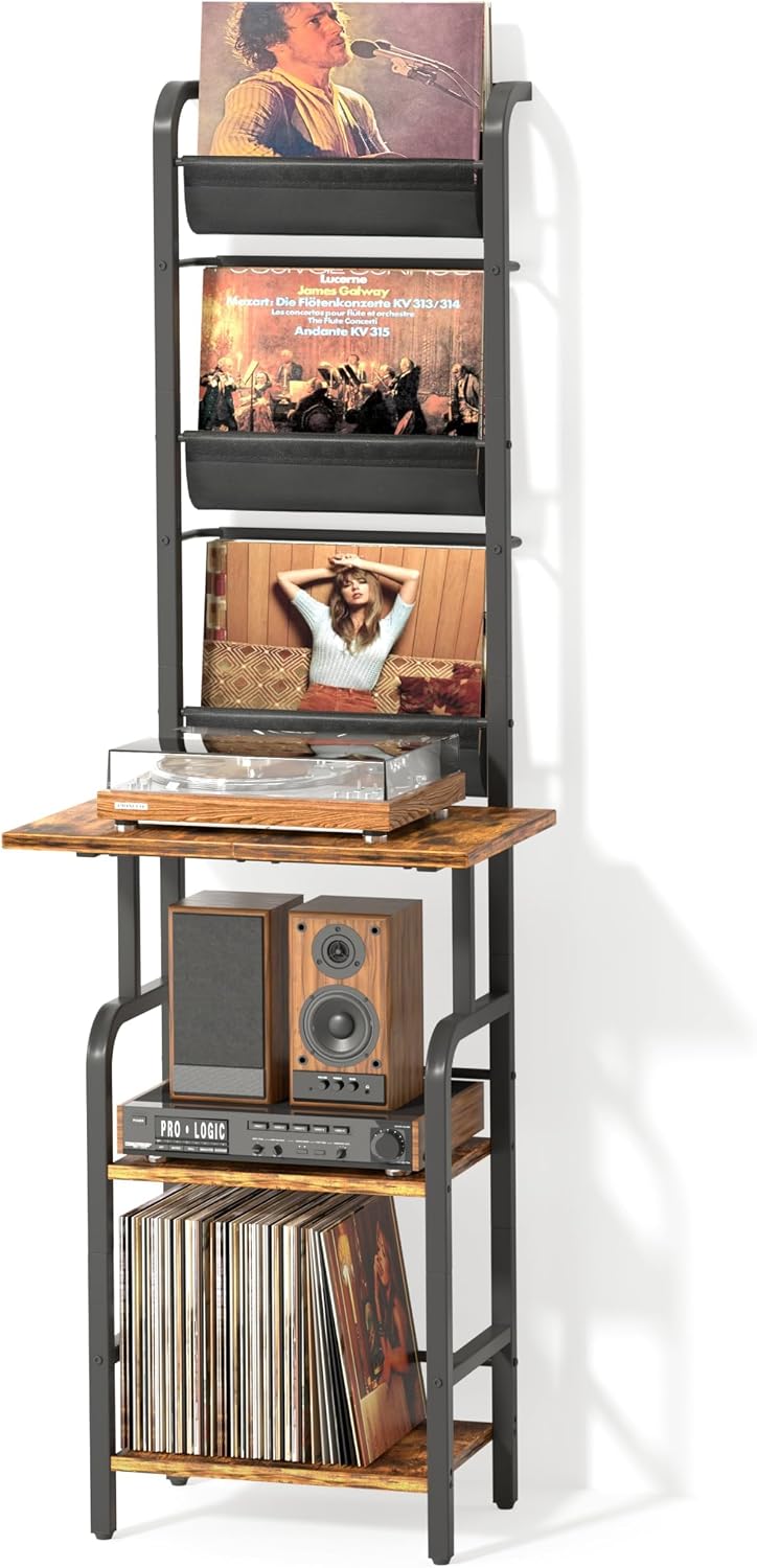 Bikoney Vinyl Record Storage with Player Stand, Tall Turntable Stand and Display Shelf for Up to 200 Albums, Vinyl Record Holder Cabinet with Wall Mount, Record Player Table for Living Room or Bedroom