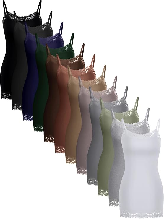 SATINIOR Women Long Camisoles Lace Tank Tops Neck Cami Adjustable Spaghetti Strap Trim Tank Top for Women Wearing