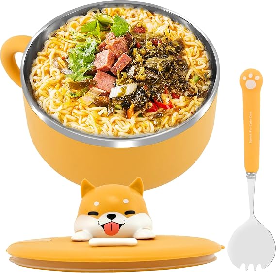Ramen Bowl with Handle and Lid, 1200ml Large Instant Noodle Bowl with Lid and Spork, 304 Stainless Steel Noodle Bowl Heating Cup Noodles Soup Bowl, Salad Box, Kitchen Mixing Bowl
