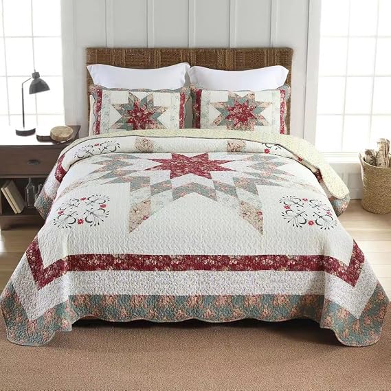 Cotton Bedspread Quilt Bedding Sets, 3 Pieces Reversible Coverlets Comforters Star with Red Floral Real Patchwork Bedspread,Queen Size