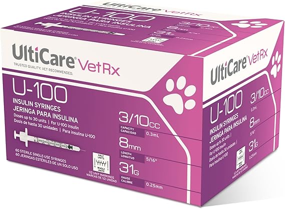 UltiCare VetRx U-100 Pet Insulin Syringes, Comfortable & Accurate Dosing of Insulin for Pets, Compatible w/Any U-100 Strength Insulin, Size: 3/10cc, 31G x 5/16, w/Half Unit Markings, 60 ct Box