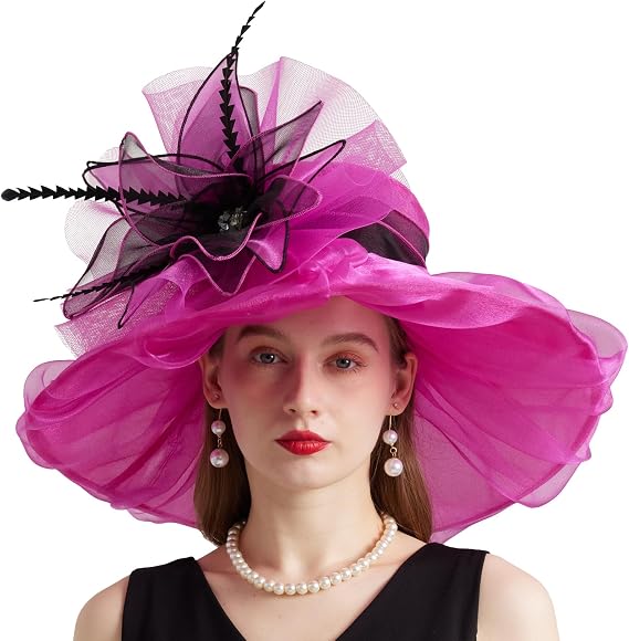 Women Organza Church Derby Hat Wide Brim Sun Caps for Wedding Tea Party Hat with Detachable hat Flower as Headgear