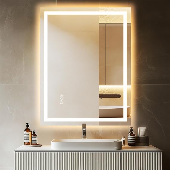 24"x 32" LED Bathroom Mirror with Stepless Dimmable, Backlight Wall Mirrors with Anti-Fog Bathroom Digital Mirror for Wall, 3 Color Modes, Memory Function Smart Mirror
