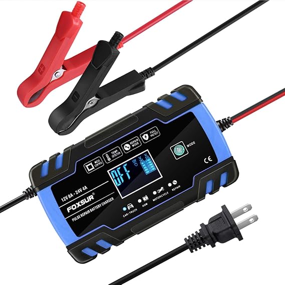 Car Battery Charger, 12V/24V 8Amp Intelligent Automatic Battery Charger/Maintainer Delivers 3 Stage Charging, with LCD Screen And have 6 Charging Mode, Suitable for More Types of Batteries-Blue