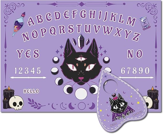 CREATCABIN Cat Wooden Spirit Board Purple Pendulum Board Dowsing Divination Kit Wood Talking Board Metaphysical Message with Planchette for Wicca Hunt Birthday Party Supplies 11.8X8.3 Inch
