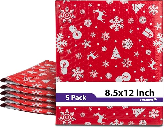 Fosmon #2 Christmas Poly Bubble Mailer 8.5 x 12 inches (5 Pack), Lightweight Water/Dust/Shock/Tear Resistant Padded Shipping Envelopes - Xmas Red White Snow