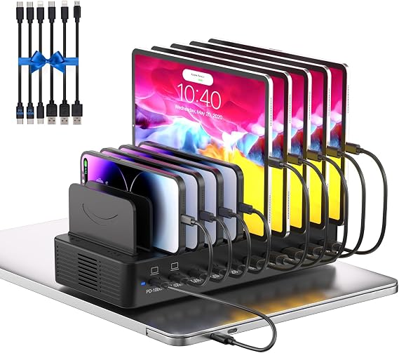 415W USB Charging Station for Multiple Devices,10 Ports Fast Multi USB Charger with Dual PD 100W,Multi Charger with Adjustable Dividers & 6 Cables-Device Organizer for Laptop,Tablet,iWatch,Cell Phone
