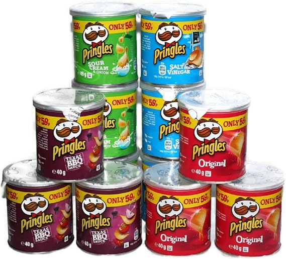 Pringles Pop & Go Travel Box 12 x Multi Flavour Pots, Sour Cream & Onion, Salt & Vinegar, Texas BBQ, Original.