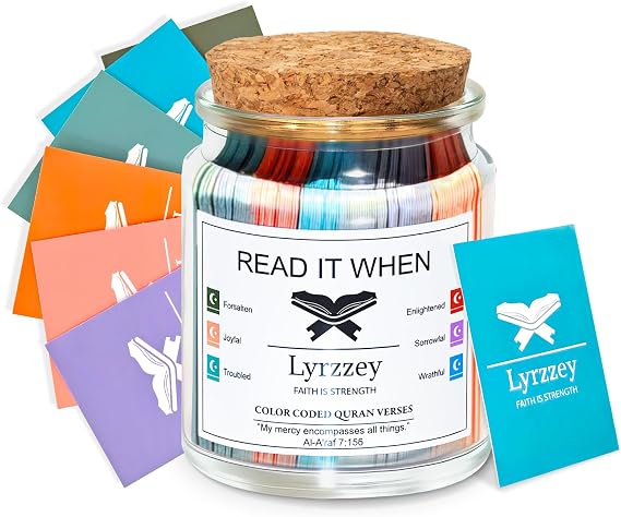 Lyrzzey Quran Verse Jar 102 Color-Coded Emotions with Premium Handpicked Quranic Verses, Islamic Affirmations Cards, Spiritual Gift for Muslim Men & Women, Ramadan Eid Decor