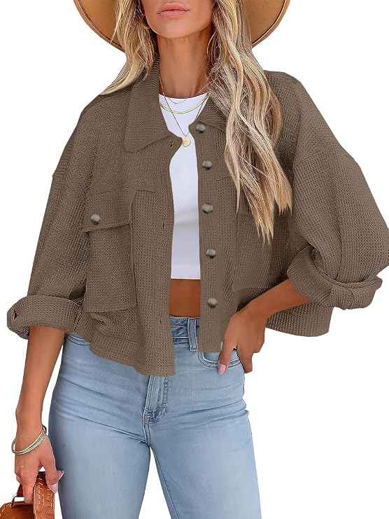 BZB Womens Waffle Knit Shacket Jackets Lightweight Cropped Shacket Long Sleeve Button Down Shirts