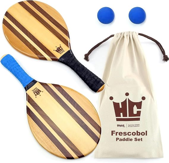 Frescobol Paddle Ball Set (Beach Stripes) -  with 2 Paddles, 2 Balls & Canvas Drawstring Bag