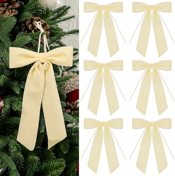 6Pcs Velvet Ribbon Bows Ornaments 7 x 9.5 Inch Premade Christmas Tree Bows for Gift Wrapping, Xmas Holiday Crafts, Wreaths, Garlands, Staircase, Home Outdoor Decorations, 2" Width (6, Beige)