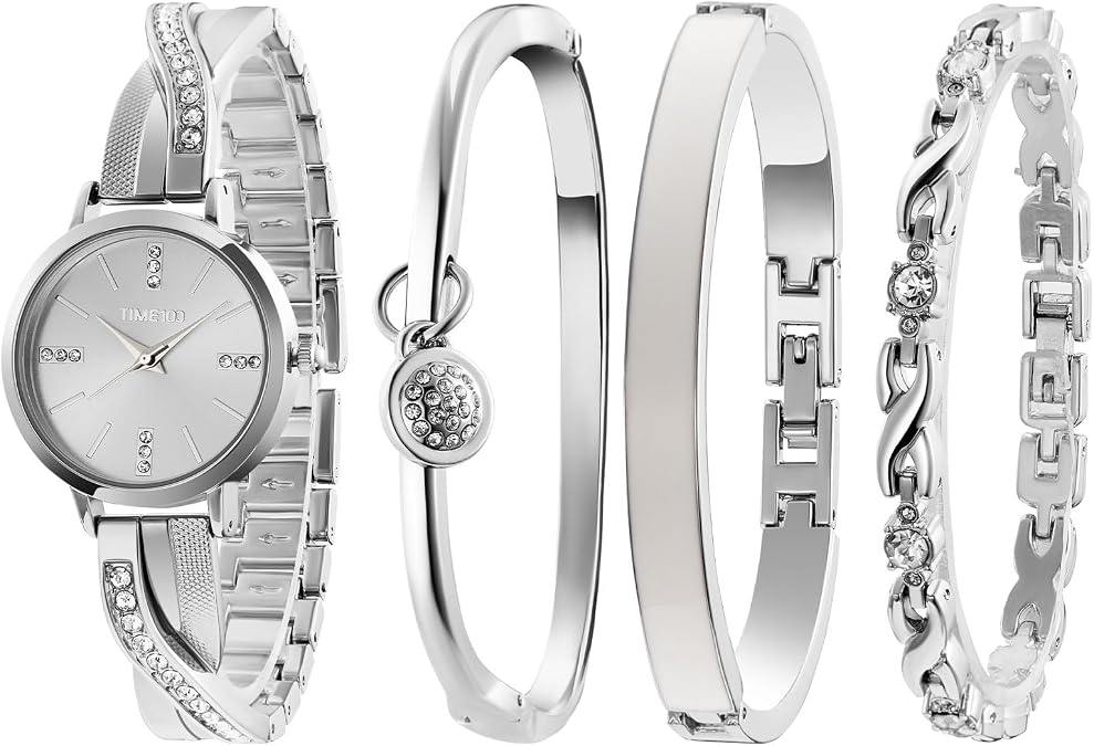 TIME100 Women's Bangle Watch and Gold Watch Chain Bracelets Premium Crystal Accented Bracelet Set W50888L
