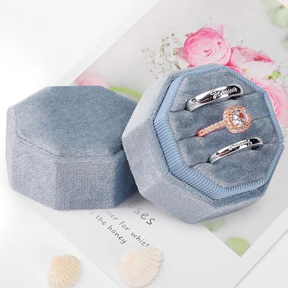 Velvet Ring Box 3 Slots, Premium Jewelry Ring Storage Gift Box Vintage Ring Display Holder Case for wedding ceremony Proposal Engagement (Blue)