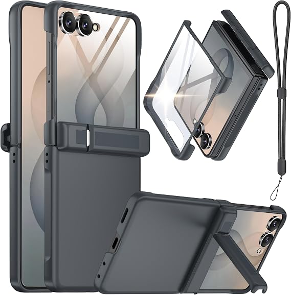 for Samsung Galaxy Z Flip 8 Case with Lanyard,Gray | Built-in [Screen Protector][Invisible Kickstand][Hinge Protection] Slim Shockproof Matte Anti-Scratch Protective Phone Cover
