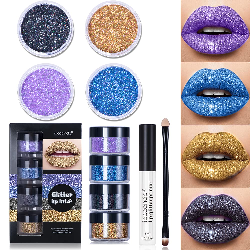 ibcccndc Glitter Lip Kit Gloss Lipstick Metallic Glitter Lipstick Long Lasting Cruelty Free Long Lasting Waterproof 4 Colors Glitter Powder For Lips Art with Lip Primer and Brush 002