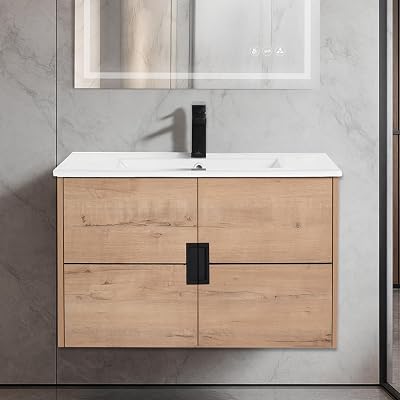 Blossom All-Wood Wall-Mounted Bathroom Vanity with Ceramic Sink, Floating Design with Soft-Close Doors, Space-Saving Storage Solution for Contemporary Bathrooms, Classic Oak - 30 inch