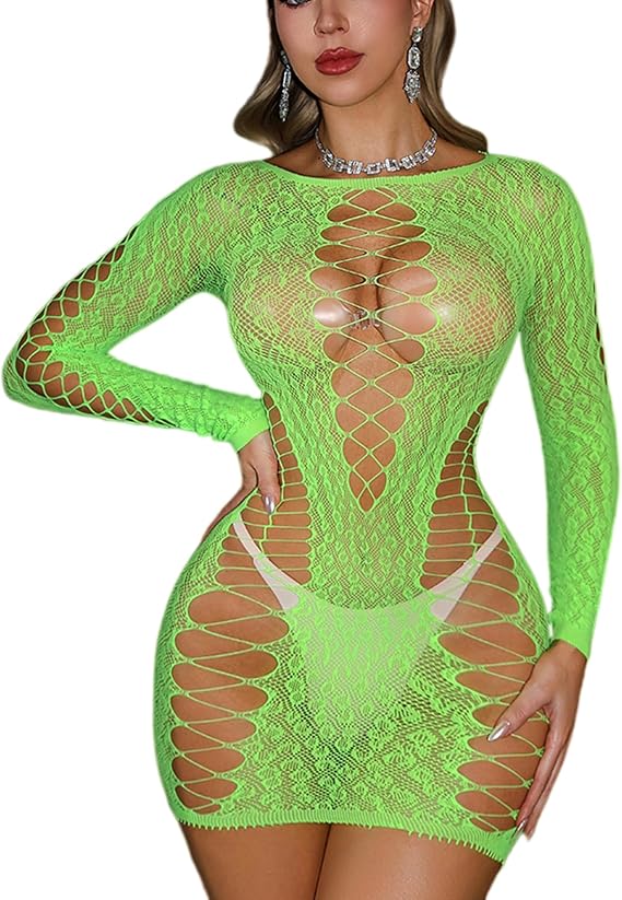 ATHX Women's Sexy Lingerie Fishnet Dress Long Sleeve Mesh See Through Babydoll Hollow Out Chemise Mini Dress Clubwear