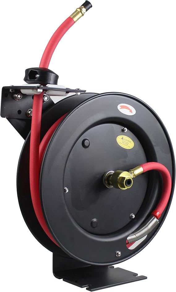 MaxWorks 50104 25ft Auto Rewind Retractable Reel with 3/8" x 25' Long Air Hose with Brass Fittings, Black & Red