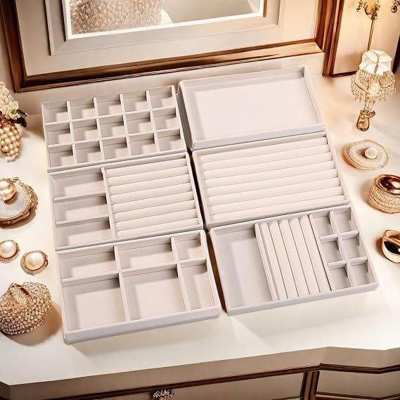 Jewellery Tray 6Pcs, Display & Storage Organiser, Stackable Jewellery Box, Holds Makeup, Necklace, Bracelet, Ring (Beige)