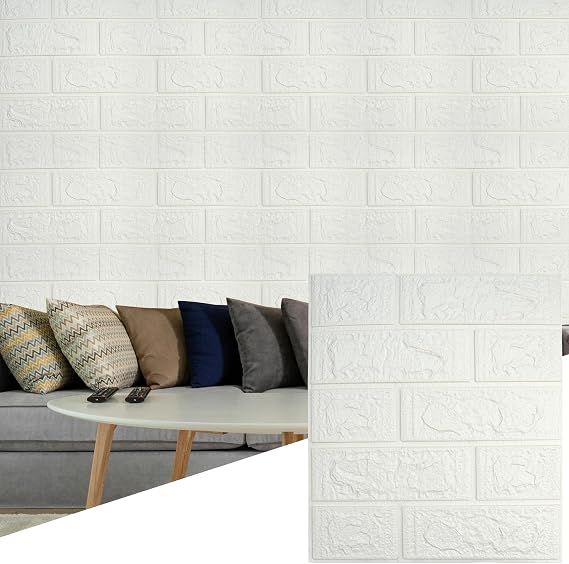 10Pcs 35X38cm 3D Brick Wallpaper, Faux Foam Brick Wall Panels Peel and Stick, Waterproof for Bedroom, Living Room, and Kitchen Decor (White)
