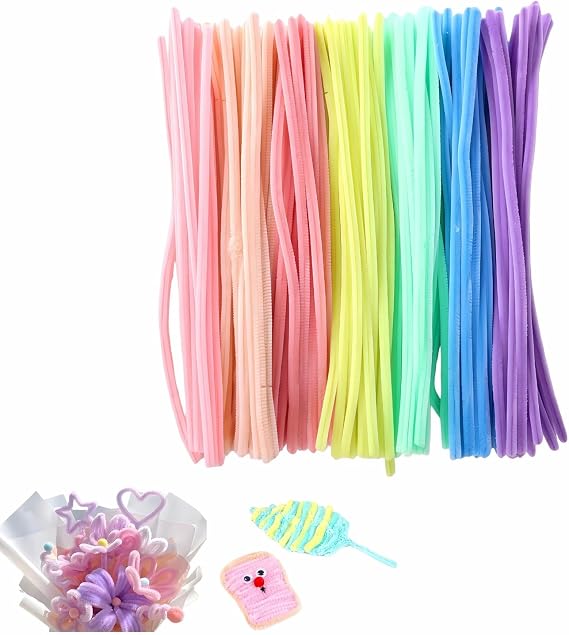 Creative Crafts Pipe Cleaners, 100-Pack Bendable Chenille Stems in 7 Pastel Colors, Dense Polyester Fluff with Iron Wire Core for DIY Projects, Floral & Decor | Fuzz-Free, Bendable, Non-Toxic