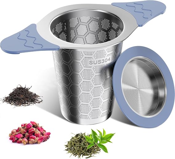 Tea Strainer for Loose Tea, 304 Stainless Steel Tea Infuser Basket with Dual Silicone Handles & Lid, Tea Filter Fine Mesh, Tea Strainers for Loose Tea, Tea Diffusers