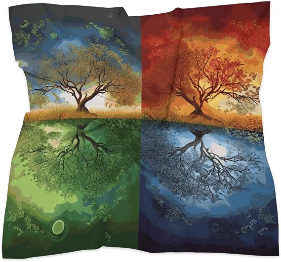 Four Season Tree of Life Head Scarf Like Silk Scarf Lightweight Fashion Satin Hair Bandanas for Women Boho Headscarf Hair Wrap Bandana Headband Handkerchief Silk Scarves for Bag Purse Neck 18 Inch