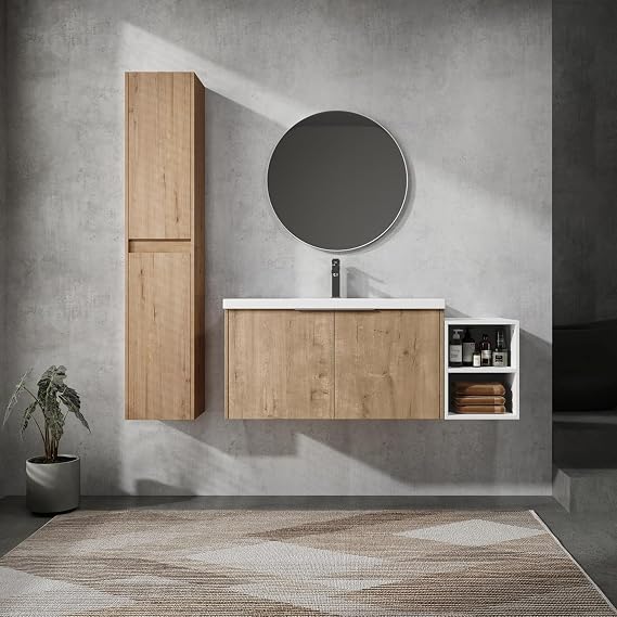 48" Single Sink Bathroom Vanity Modern Wall-Mounted Bathroom Vanity with Sink 48-Inch Floating Bathroom Vanities Set with 2 White Open Storage Shelf & 1 Side Cabinet, Natural Oak