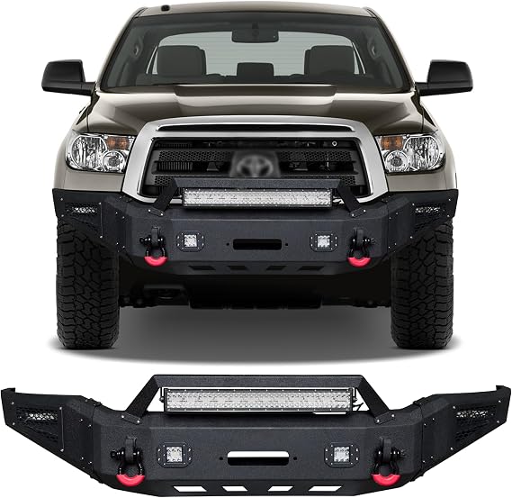 Front Bumper Compatible with 2007-2013 Toyota Tundra w/Winch Plate & 5 LED Lights & 2 4.75T D-Rings