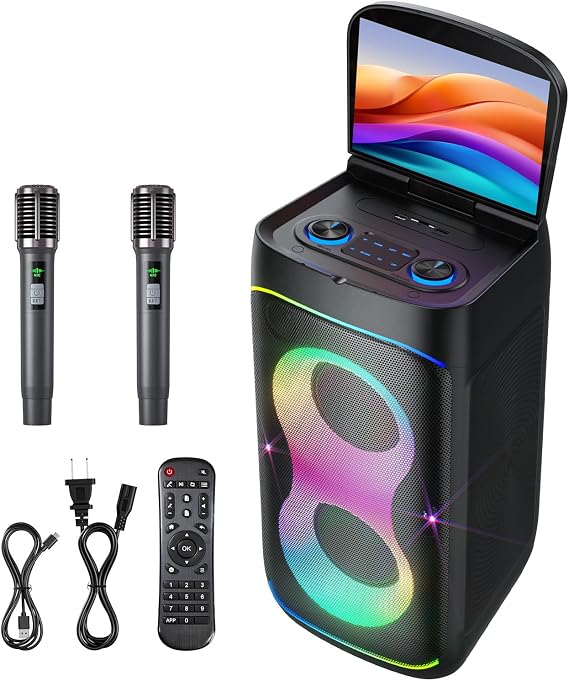 Smart Karaoke Machine with 10.1 Inch Screen, with Lyrics Display, Build-in Karaoke APP, 300W Powerful Speaker, 2 Wireless Microphones, for Family or Friend Party