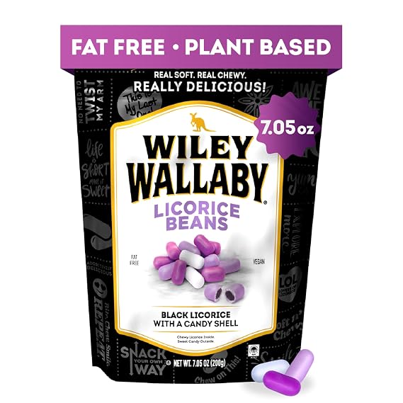 Wiley Wallaby Classic Black Licorice Beans Candy, 7.05oz, 1Pk | Australian-Style Bites with Crunchy Shell, Soft Center and Rich Flavor, Perfect for Everyday Snacking