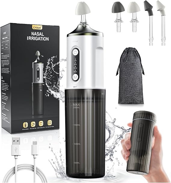 Electric Nasal Rinse Machine 200ml for Adults & Kids, Cordless Sinus Cleaner with 4 Nozzles & 30 Salts, USB-C Charge, Gentle Nasal Irrigation Device for Sinus Relief & Allergy (Grey)